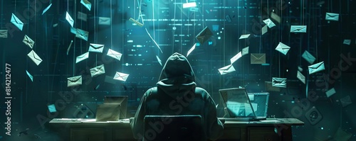 An ominous scene with a person wearing a hoodie, manipulating strings attached to email icons, like a puppeteer controlling phishing attacks