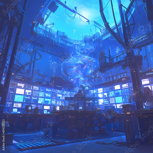 Discover the depths of technological advancement in our futuristic underwater laboratory. Explore a world where science and marine life intertwine amidst an array of screens and equipment. This image
