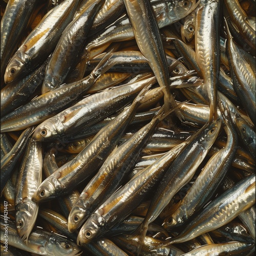 Large load of anchovy thrown on a big pile as they are being sold on the fish market. Anchovys in a fish market.