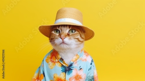 A cat wearing a straw hat and a hawaiian shirt is looking at the camera with a serious expression.