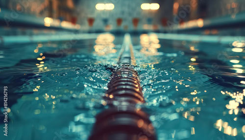 close-up of swimming pool with lane dividers and water reflections, swimming competiton of the olympic games banner concept