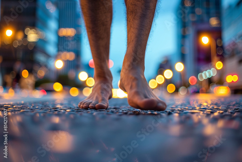 A close-up of bare feet standing on a city street at dusk, with blurred city lights in the background, capturing the essence of an urban barefoot day