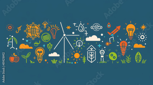 Illustration of sustainable development with icons for energy, environment, and innovation.