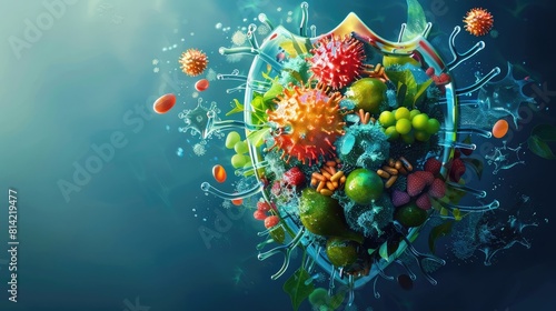 Immune System Defense shield-shaped organ surrounded by protective elements like vitamins and antioxidants, symbolizing the role of the immune system in defending against illness 