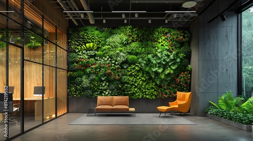 Vertical Garden in Modern Office A modern office interior with an entire wall turned into a lush vertical garden