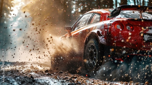 A red car is driving through a muddy, wet road. The car is covered in mud and dirt, and the road is covered in mud and debris