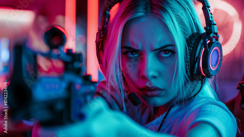 In headphones. Young pretty female gamer is playing shooter. Neon lighting.