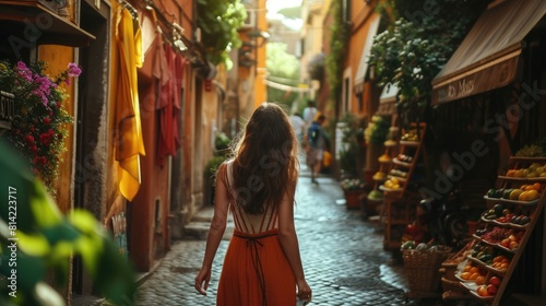 Happy young woman wear casual cloth while enjoy walking at vibrant market. Attractive beautiful girl or tourist exploring while walking at colorful city street. Recreation activity concept. AIG42.