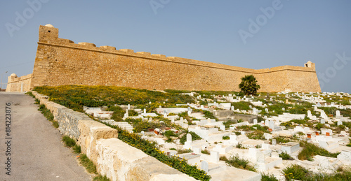 Impregnable stone fortress on hilltop in Arab city of Mahdia. Ancient fortification in provincial coastal city of Tunis