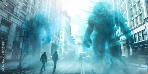 Giant monsters symbolize cybersecurity threats in shadowy city streets. Concept Cybersecurity Threats, Urban Setting, Giant Monsters, Shadowy City Streets