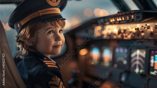 a kid in a pilot's uniform, sitting in the cockpit of an airplane