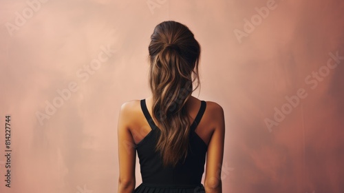 Girl in beautiful black dress with open back view from the back against pastel peach fuzz background 