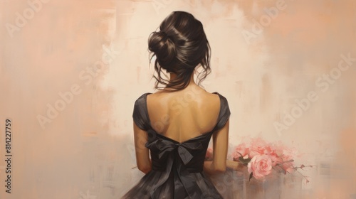 Illustration of girl in beautiful black dress with open back view from the back against pastel background 