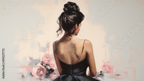 Illustration of girl in beautiful black dress with open back view from the back against pastel flower background 