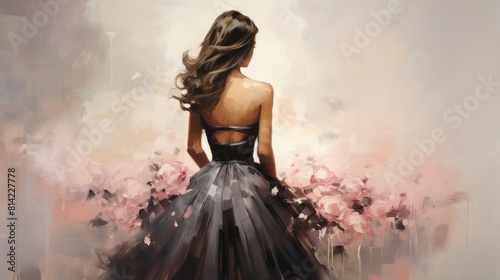 Illustration of girl in beautiful black dress with open back view from the back against pastel background 