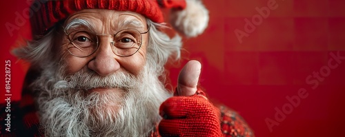 Old Santa Claus Man in Christmas Hat Red Suit Clothes Keep his Thumbs Up Red Background Studio Shot
