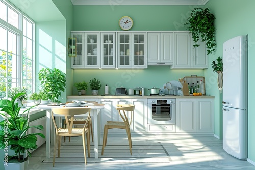 Soft mint kitchen interior with white cabinets and appliances