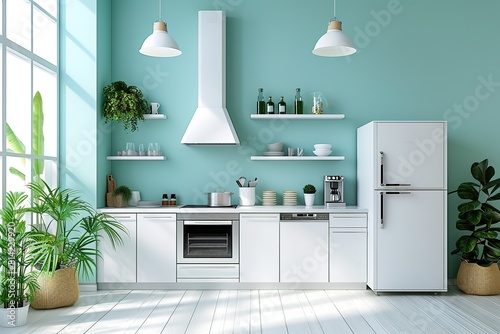 Soft mint kitchen interior with white cabinets and appliances