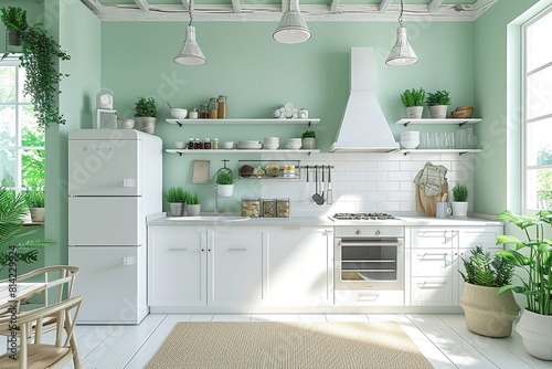 Soft mint kitchen interior with white cabinets and appliances