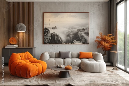 Living room in a studio apartment in a modern style with a puffy sofa and an orange armchair with a coffee table with decor. 