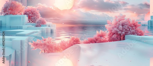 Bring a surreal utopia to life with a frontal view showcasing dreamlike hues and whimsical architecture Add a twist with an unexpected camera angle to captivate viewers