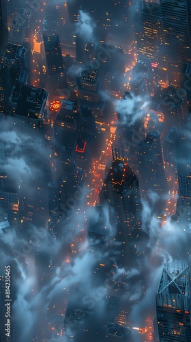 aerial view of skyscraper utensils, smoky alleys as flavorings mix Utilize photorealistic digital art