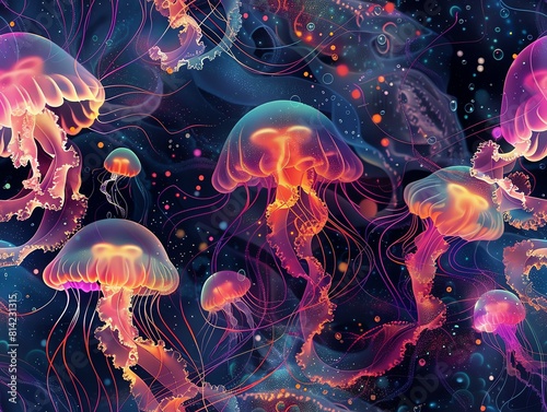 Discover a surreal underwater world where jellyfish float like translucent dreams, tangled with abstract thoughts in a worms-eye view