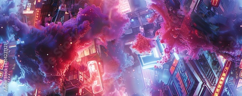 drones capture chefs battling mutated ingredients in a cyberpunk world, fusing chaos with artistry CG 3D renders and neon lights embellish the scene