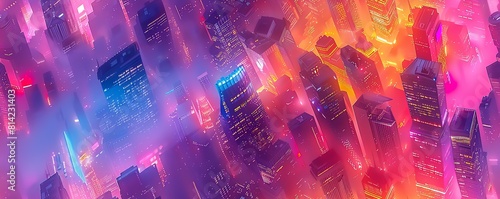 Explore a surreal cityscape from a worms-eye view with towering skyscrapers melting into liquid colors, reflecting neon lights in a chaotic harmony