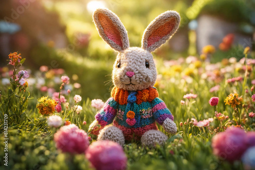 Handmade amigurumi rabbit knitted or crocheted small soft animal. Knitted kid soft toy made yarn in flowering garden. Selective focus on eyes.