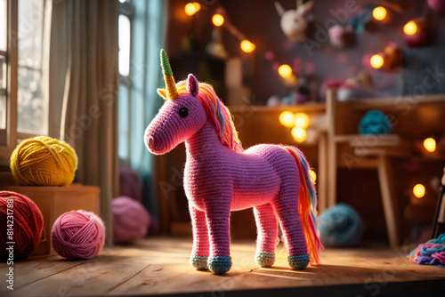 Handmade pink unicorn. Knitted kid soft toy made yarn in home room standing on wooden floor.