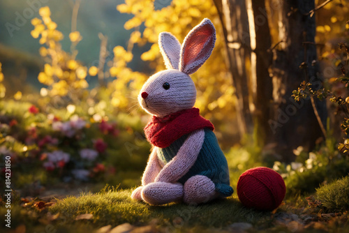 Handmade rabbit toy. Knitted kid soft toy made yarn sitting in autumn forest.