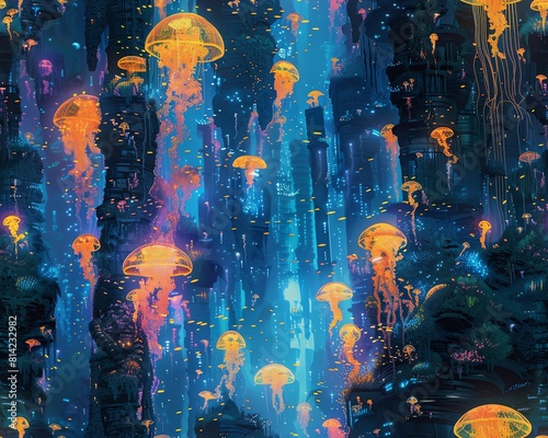 Dive into an abyssal ocean trench, where luminescent jellyfish-inspired drones illuminate towering coral-like skyscrapers enveloped by neon-hued seaweed forests
