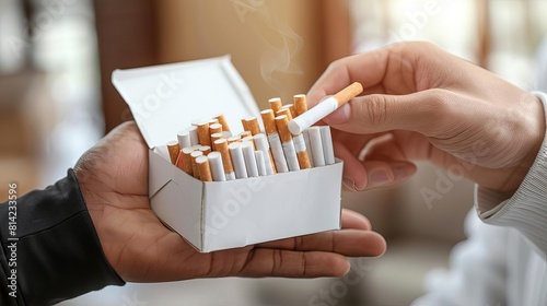 Visualize a person firmly pushing away a pack of cigarettes offered by a friend, symbolizing a commitment to quit smoking