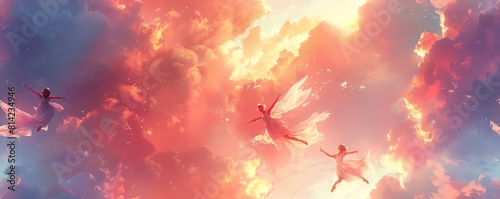Illustrate a surreal sky with ethereal clouds swirling around gravity-defying dancers in mid-air