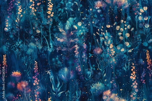 Explore an underwater wonderland of phosphorescent flora and fauna dancing in an ethereal symphony, captured from a mesmerizingly skewed perspective