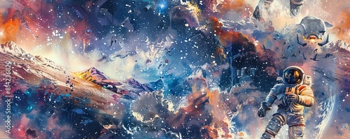 Translate the extraordinary sight of an astronaut exploring an underwater universe into a dynamic piece of traditional art Incorporate intricate watercolor details to capture the m
