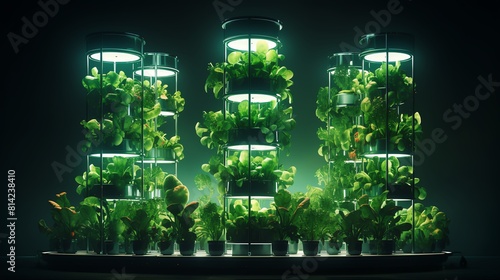 A multilevel indoor farm with rows of leafy greens growing vertically under LED lights