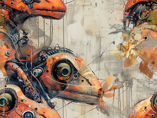 Infuse a futuristic touch into traditional painting by depicting robotic wildlife photography from unique vantage points