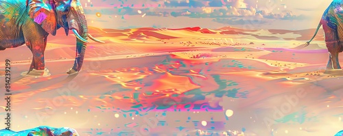 Witness a mechanical elephant trumpeting in a glitched-out desert of glowing sand dunes, seen through a glitch art lens, giving a tech twist to the safari experience