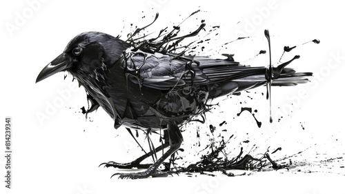 Bird covered with black oil. Isolated on transparent background.