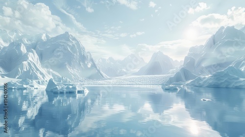 Creative amazing view of a glaciers pristine environment, depicted in minimal styles, transforming into an ethereal kawaii template with ample copy space