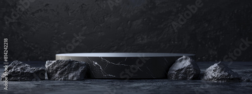 Black background podium with rock and dark abstract scene for product presentation on display stage. Minimal mockup banner template design in the style of an abstract artist.