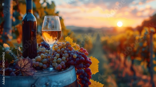 Sipping in the Sunset: Wine Glasses, Bottle, Grapes, and Barrel in Vineyard