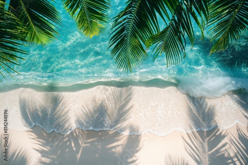 Aerial view of a tropical beach with crystal clear turquoise waters gently lapping against sandy shores, complemented by palm shadows and vibrant sea foam.