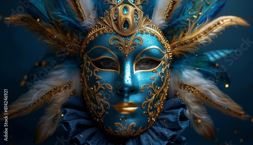 Visualize a traditional Venetian carnival mask, elaborately decorated with gold filigree, feathers, and gems, set against a dark blue background