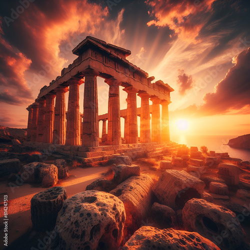 Ancient Greek Rock Temple with Doric Column Ruin During Sunset.