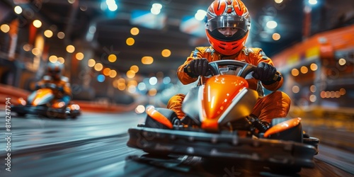 A man in a red helmet is driving a kart, karting