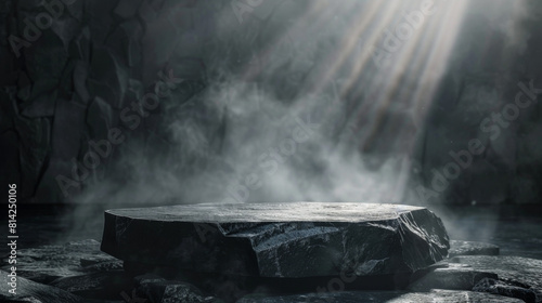 Black stone podium on dark background with smoke for product presentation, mockup scene stage showcase pedestal in cave