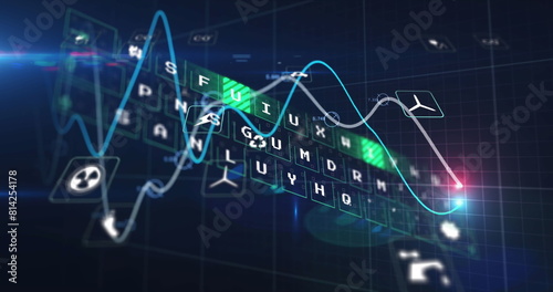 Image of digital icons over glowing graphs and data processing against blue background